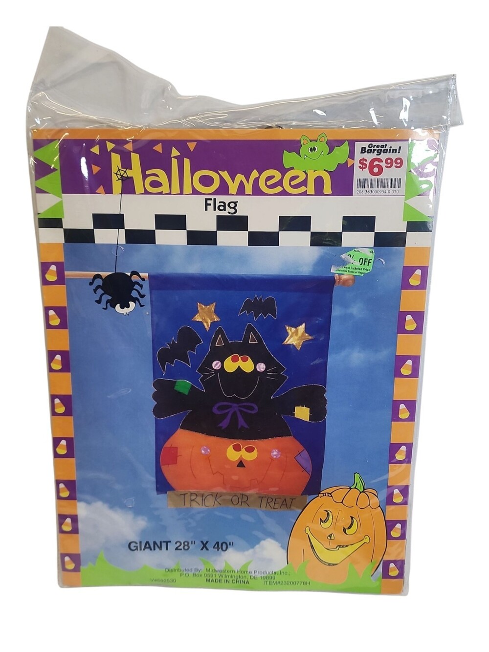 New Sealed Vtg Halloween Flag Black Cat in Pumpkin Trick or Treat 28"x 40"
